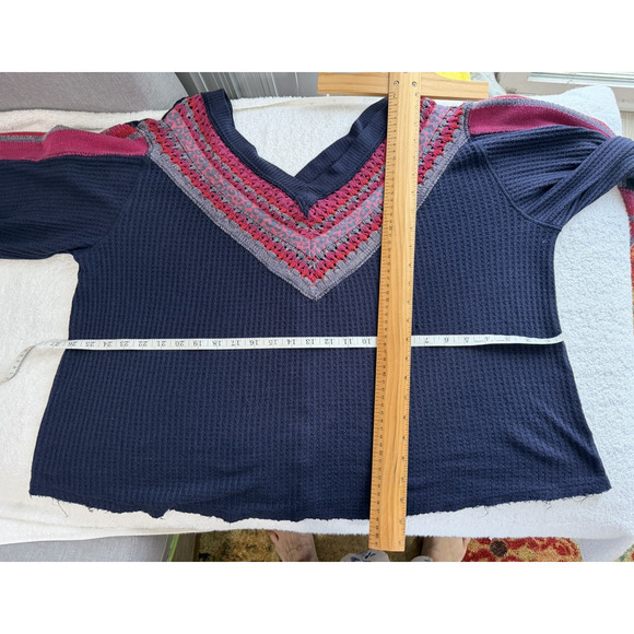 Free People Copenhagen Thermal waffle Long Sleeve Top Navy Double V Neck Size L - Picture 4 of 8